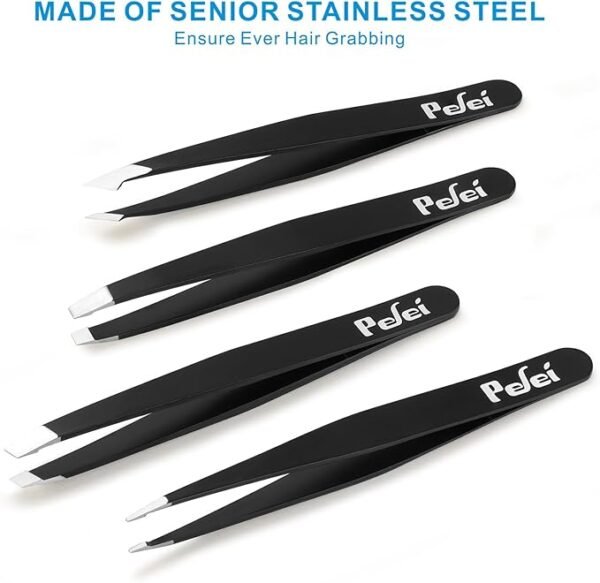 Pefei Tweezers Set - Professional Stainless Steel Tweezers for Eyebrows - Great Precision for Facial Hair, Splinter and Ingrown Hair Removal (Black) - Image 2