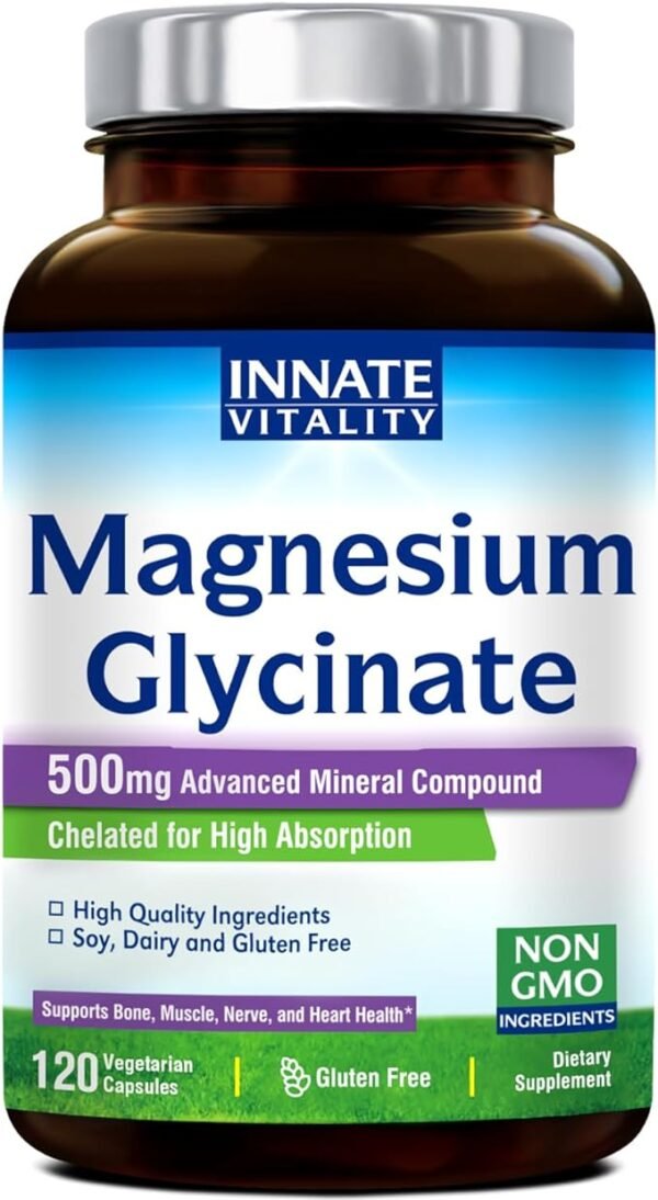 Innate Vitality Magnesium Glycinate 500mg | 70mg Elemental Magnesium Supplement- High Absorption, Non Buffered, Non-GMO & No Gluten - Nerve, Muscle, Bone & Heart Health - 120 Vegan Capsules Magnesio - Image 2