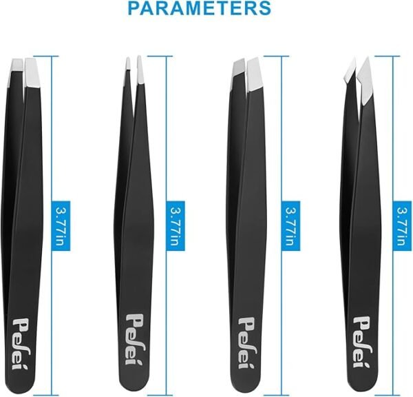 Pefei Tweezers Set - Professional Stainless Steel Tweezers for Eyebrows - Great Precision for Facial Hair, Splinter and Ingrown Hair Removal (Black) - Image 4