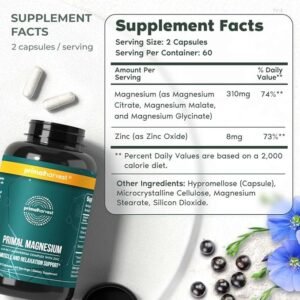 Magnesium Supplement Complex 310mg by Primal Harvest with Magnesium Glycinate, Citrate, Malate, and Zinc 120 Capsules