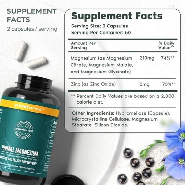 Magnesium Supplement Complex 310mg by Primal Harvest with Magnesium Glycinate, Citrate, Malate, and Zinc 120 Capsules