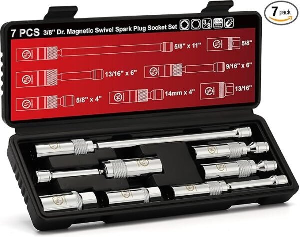 AIRTOON 7-Piece 3/8 Inch Drive Magnetic Swivel Spark Plug Socket Set, Includes 9/16-inch, 5/8-inch, 13/16-inch, 14mm, Enhanced Magnetic Design with Thin Wall Socket, Cr-v Steel, 6-Point &12-Point