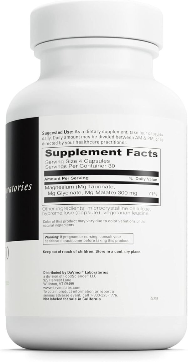 DaVinci Tri-Mag 300 - Triple Magnesium Complex with Glycinate, Taurinate & Malate - Calm Magnesium Supplement for Sleep* - Nerve Support Formula* - 120 Capsules (30 Servings) - Image 5