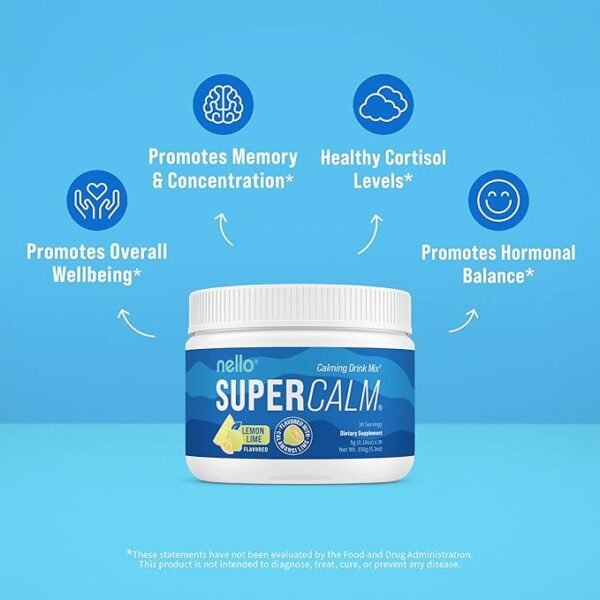 Nello Supercalm Powdered Drink Mix, Lemon Lime, L Theanine, Ksm-66 Ashwagandha, Magnesium Glycinate, Vitamin D 3, Supplements for Relaxation & Focus, Natural, No Sugar, Non GMO, Vegan, 30 Srvgs - Image 2