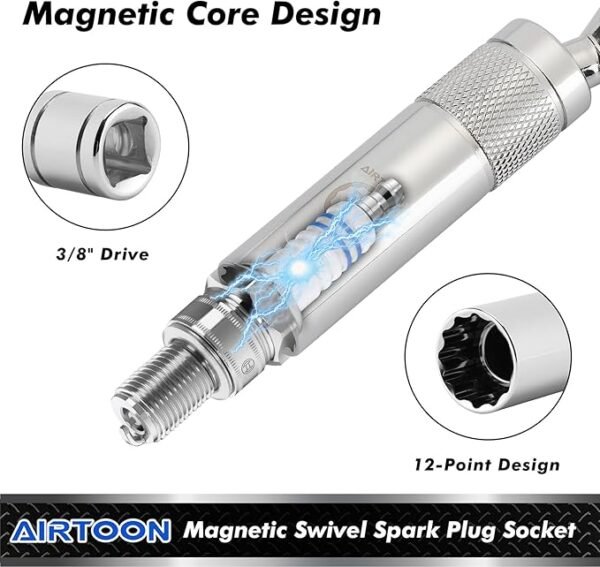 AIRTOON 7-Piece 3/8 Inch Drive Magnetic Swivel Spark Plug Socket Set, Includes 9/16-inch, 5/8-inch, 13/16-inch, 14mm, Enhanced Magnetic Design with Thin Wall Socket, Cr-v Steel, 6-Point &12-Point - Image 8