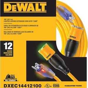 DEWALT 100 Foot Extension Cord Lighted Click-to-Lock 12/3 SJTW - Heavy Duty Outdoor, Weatherproof, Heat