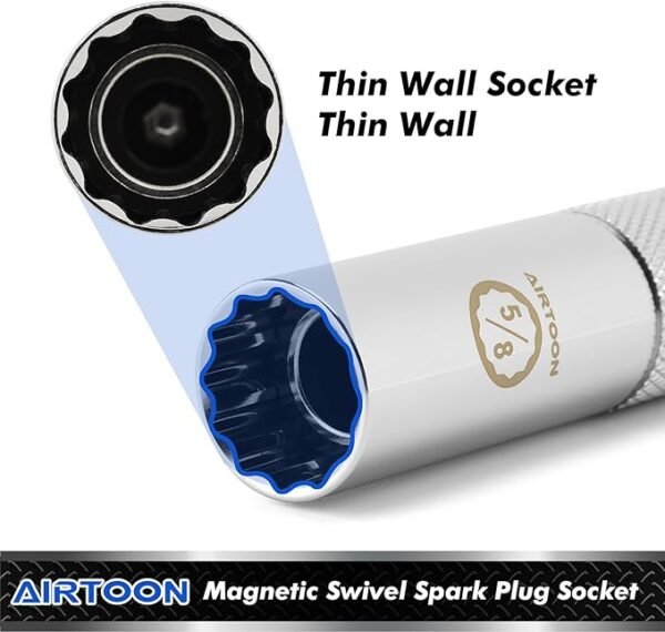 AIRTOON 7-Piece 3/8 Inch Drive Magnetic Swivel Spark Plug Socket Set, Includes 9/16-inch, 5/8-inch, 13/16-inch, 14mm, Enhanced Magnetic Design with Thin Wall Socket, Cr-v Steel, 6-Point &12-Point - Image 4