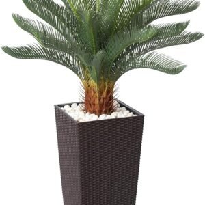 Artificial Cycas Tree,4ft Faux Cycas Revoluta Sago Palm Trees with Decorative Rocks and Textured Brown Planter