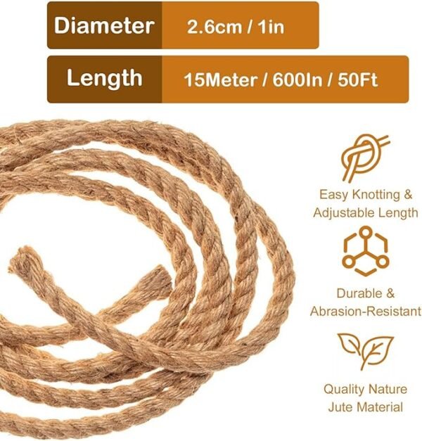 Thick Twisted Manila Ropes 1inchx50ft Natural Jute Rope Heavy Duty Hemp Rope for Swing Bed - Image 3