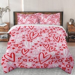 Comforter Set King Size, Pink Red Love Valentines Soft Bedding Set for Kids and Adults Bedroom Bed Decor