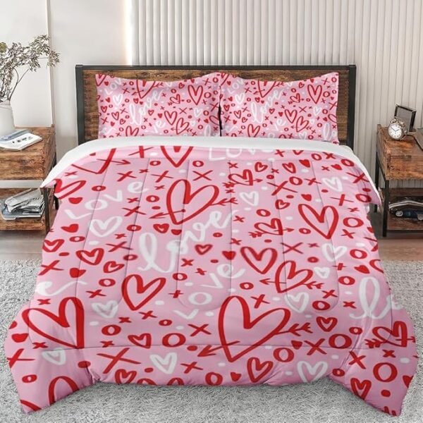 Comforter Set King Size, Pink Red Love Valentines Soft Bedding Set for Kids and Adults Bedroom Bed Decor