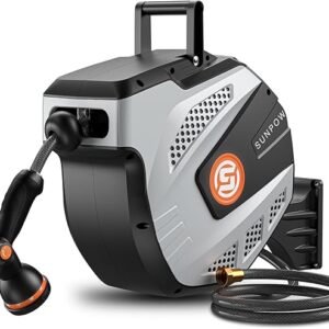 SUNPOW Retractable Garden Hose Reel - 1/2 inch x 50ft Wall Mounted Hose Reel with 3/4 inch Brass Fitting