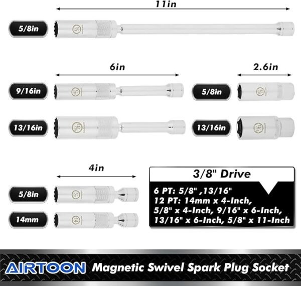 AIRTOON 7-Piece 3/8 Inch Drive Magnetic Swivel Spark Plug Socket Set, Includes 9/16-inch, 5/8-inch, 13/16-inch, 14mm, Enhanced Magnetic Design with Thin Wall Socket, Cr-v Steel, 6-Point &12-Point - Image 3