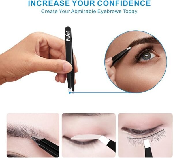 Pefei Tweezers Set - Professional Stainless Steel Tweezers for Eyebrows - Great Precision for Facial Hair, Splinter and Ingrown Hair Removal (Black) - Image 5