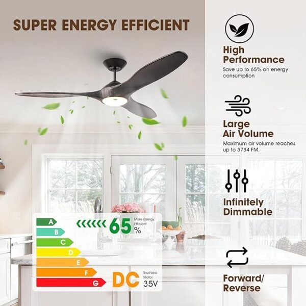 60 inch Large Ceiling Fan with Light, Modern Wood Ceiling Fans with LED Lights and Wall Control for Patios - Image 3