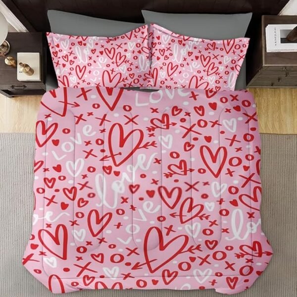 Comforter Set King Size, Pink Red Love Valentines Soft Bedding Set for Kids and Adults Bedroom Bed Decor - Image 2