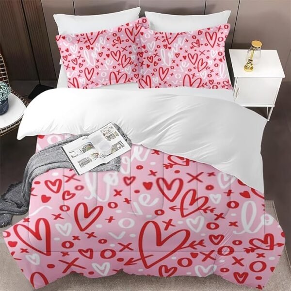 Comforter Set King Size, Pink Red Love Valentines Soft Bedding Set for Kids and Adults Bedroom Bed Decor - Image 3