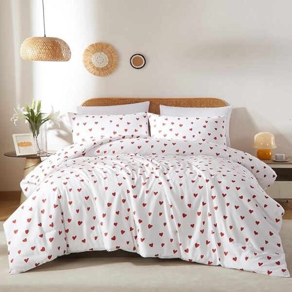 Nayoroom Heart Comforter Set Queen Size Kawaii Red Heart Pattern Comforter Kids Girls Cute Heart
