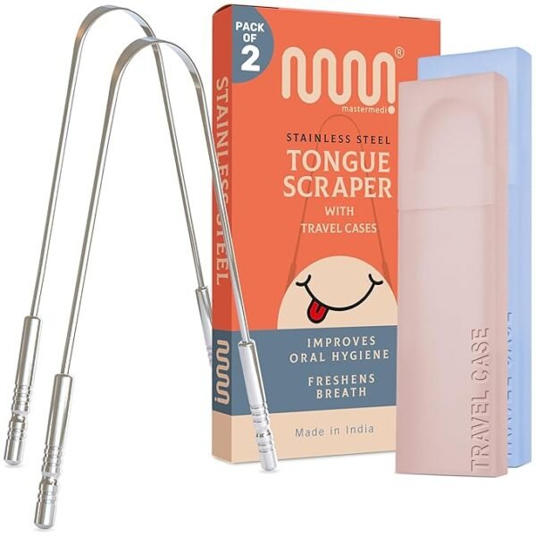 MasterMedi Tongue Scraper for Adults with Multicolor Travel Cases (2 Pack), 100% Stainless Steel, Reduce Bad Breath, Tongue Scrubber, Easy to Use, Tongue Cleaner for Oral Care & Hygiene - Image 2