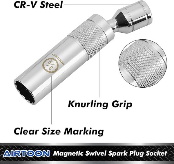 AIRTOON 7-Piece 3/8 Inch Drive Magnetic Swivel Spark Plug Socket Set, Includes 9/16-inch, 5/8-inch, 13/16-inch, 14mm, Enhanced Magnetic Design with Thin Wall Socket, Cr-v Steel, 6-Point &12-Point - Image 6