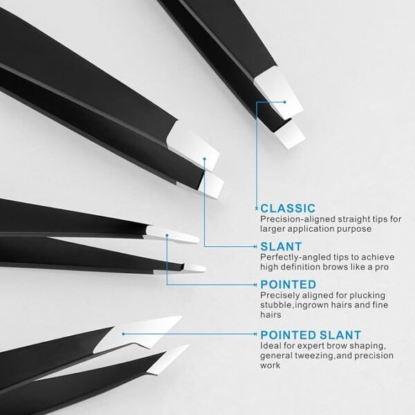 Pefei Tweezers Set - Professional Stainless Steel Tweezers for Eyebrows - Great Precision for Facial Hair, Splinter and Ingrown Hair Removal (Black) - Image 7