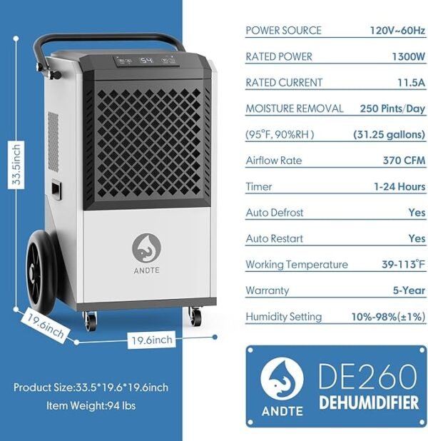 250 Pints Commercial Dehumidifier with Drain Hose, 8,000 sq ft,Indurstrial Dehumidifiers for Basements and Large Space Commercial Grade Dehumidifier - Image 2