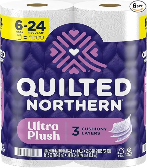 Quilted Northern Ultra Plush Toilet Paper, 6 Mega Rolls = 24 Regular Rolls, 3X Thicker*, 3 Ply Soft Toilet Tissue - Image 4