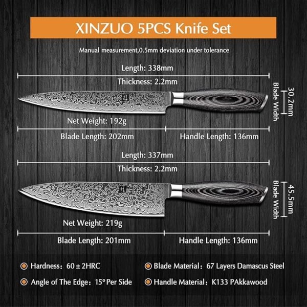 XINZUO 5PC Kitchen Knife Set Damascus Steel High Carbon Steel Chef Knife Slicing Knife Santoku Knife Utility Knife Paring Knife Sets with Pakkawood - Image 3