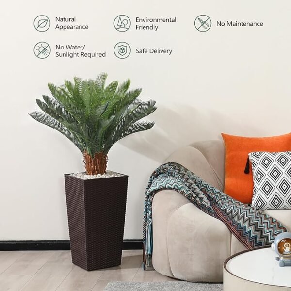 Artificial Cycas Tree,4ft Faux Cycas Revoluta Sago Palm Trees with Decorative Rocks and Textured Brown Planter - Image 3