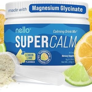 Nello Supercalm Powdered Drink Mix, Lemon Lime, L Theanine, Ksm-66 Ashwagandha, Magnesium Glycinate, Vitamin D 3, Supplements for Relaxation & Focus, Natural, No Sugar, Non GMO, Vegan, 30 Srvgs