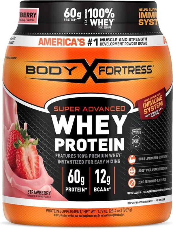 Body Fortress Super Advanced Whey Protein Powder, Strawberry, Immune Support (1), Vitamins C & D Plus Zinc, 1.78 lbs - Image 5