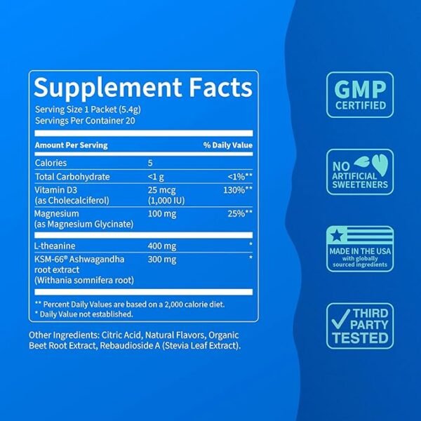 Nello Supercalm Powdered Drink Mix, Raspberry Lemonade, L Theanine, Ksm-66 Ashwagandha, Magnesium Glycinate, Vitamin D 3, Supplements for Relaxation & Focus, No Sugar, Non GMO, On The Go, 20 Ct - Image 3