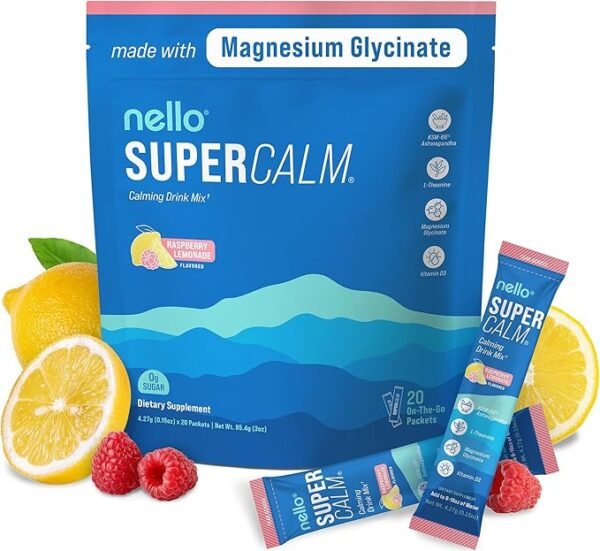 Nello Supercalm Powdered Drink Mix, Raspberry Lemonade, L Theanine, Ksm-66 Ashwagandha, Magnesium Glycinate, Vitamin D 3, Supplements for Relaxation & Focus, No Sugar, Non GMO, On The Go, 20 Ct - Image 4