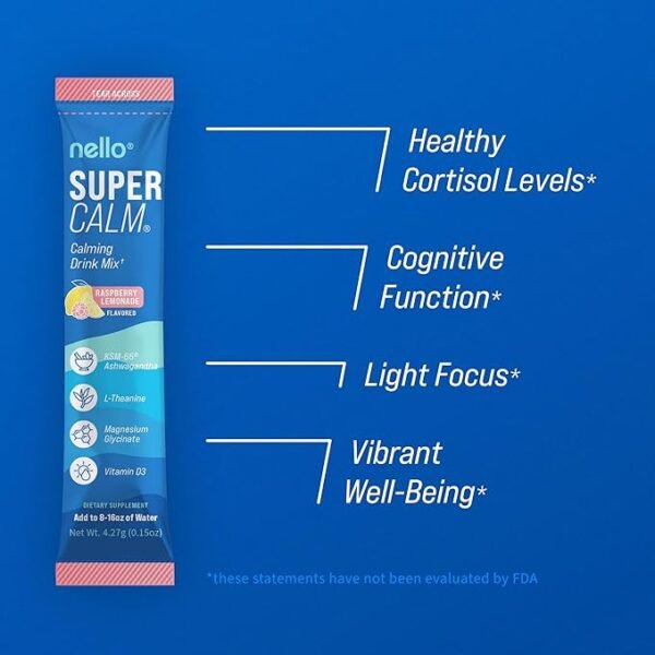 Nello Supercalm Powdered Drink Mix, Raspberry Lemonade, L Theanine, Ksm-66 Ashwagandha, Magnesium Glycinate, Vitamin D 3, Supplements for Relaxation & Focus, No Sugar, Non GMO, On The Go, 20 Ct - Image 2