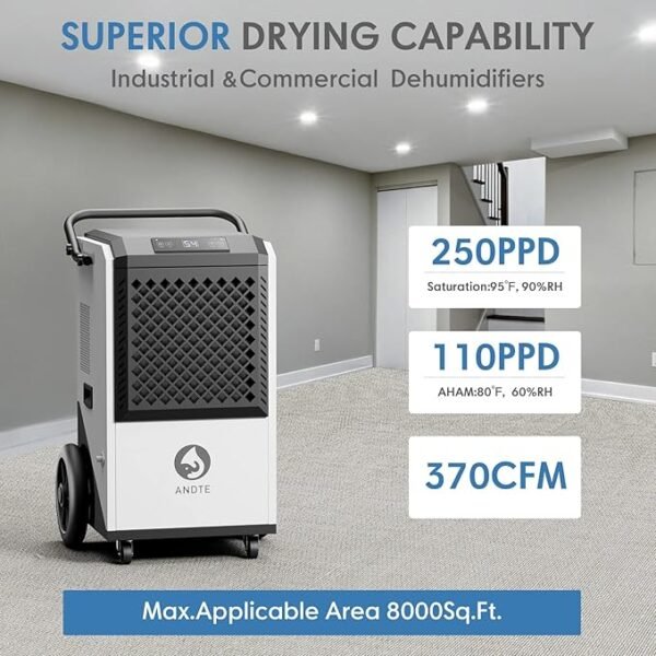 250 Pints Commercial Dehumidifier with Drain Hose, 8,000 sq ft,Indurstrial Dehumidifiers for Basements and Large Space Commercial Grade Dehumidifier - Image 3