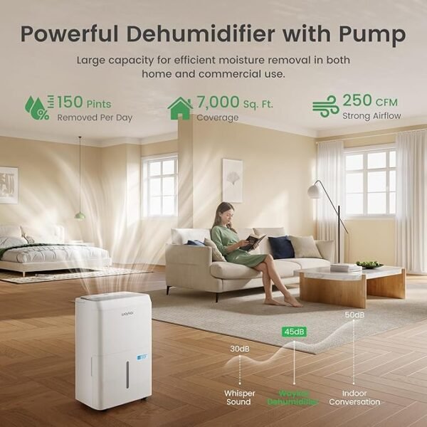 Waykar 150 Pint Energy Star Dehumidifier with Pump for Large Rooms up to 7,000 Sq - Image 2