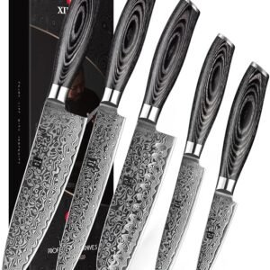 XINZUO 5PC Kitchen Knife Set Damascus Steel High Carbon Steel Chef Knife Slicing Knife Santoku Knife Utility Knife Paring Knife Sets with Pakkawood