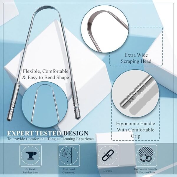 MasterMedi Tongue Scraper for Adults with Multicolor Travel Cases (2 Pack), 100% Stainless Steel, Reduce Bad Breath, Tongue Scrubber, Easy to Use, Tongue Cleaner for Oral Care & Hygiene - Image 4