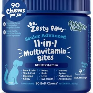 Zesty Paws Senior Dog Multivitamin Treats - Glucosamine for Dogs + Digestive Enzymes & Probiotics - Grain Free Dog Vitamins for Skin & Coat + Immune Health - Beef - Advanced - 90ct