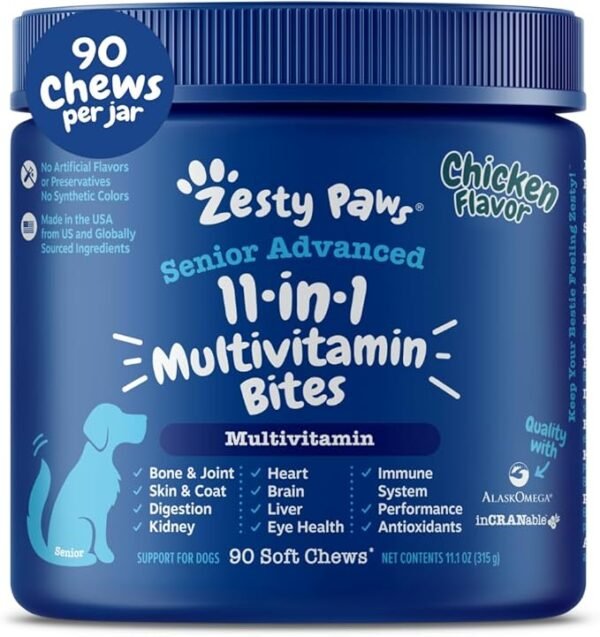 Zesty Paws Senior Dog Multivitamin Treats - Glucosamine for Dogs + Digestive Enzymes & Probiotics - Grain Free Dog Vitamins for Skin & Coat + Immune Health - Beef - Advanced - 90ct