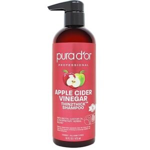 PURA D'OR 16 Oz Apple Cider Vinegar Thin2Thick Shampoo - Biotin, Castor Oil for Reduced Frizz, Split Ends, Clarifying & Detox, No Parabens, No Sulfates, All Hair Types, Men & Women