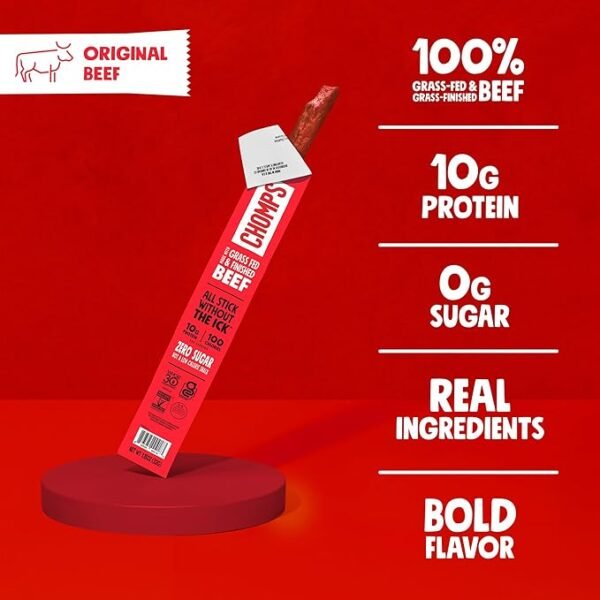 Chomps Grass-Fed and Finished Sea Salt Beef Jerky Snack Sticks 10-Pack - Keto, Paleo, Whole30, 10g Lean Meat Protein, Gluten-Free, Zero Sugar Food, Non-GMO - Image 2