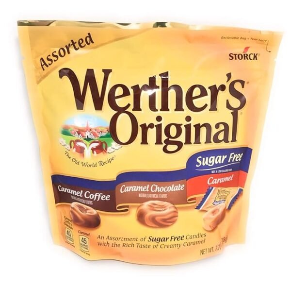 Werther's Original Sugar Free Assorted Candy Pack of 2 Bags of Hard Candy (7.7oz Each) - 3 Flavors: Coffee, Chocolate, Caramel - Bundle with Ballard Products Pocket Bag