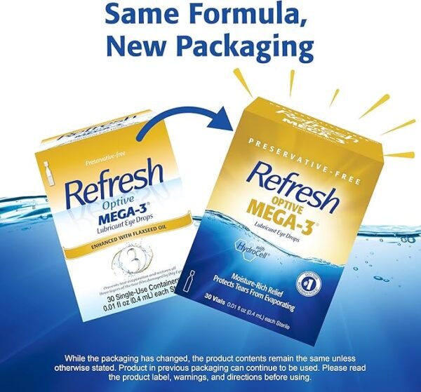 Refresh Optive MEGA-3 Lubricant Eye Drops Preservative-Free Artificial Tears, 0.01 fl oz (0.4 mL), 30 Single-Use Containers - Image 3