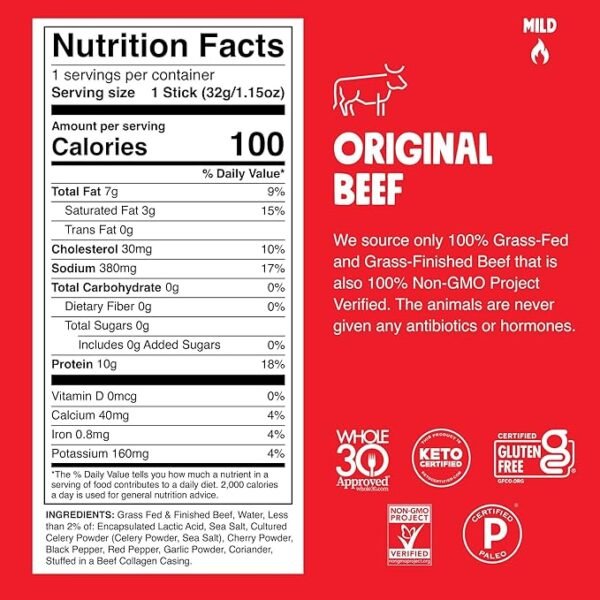 Chomps Grass-Fed and Finished Sea Salt Beef Jerky Snack Sticks 10-Pack - Keto, Paleo, Whole30, 10g Lean Meat Protein, Gluten-Free, Zero Sugar Food, Non-GMO - Image 3
