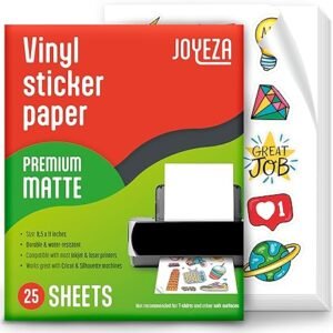 JOYEZA Premium Printable Vinyl Sticker Paper for Inkjet Printer - 25 Sheets Matte White Waterproof