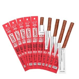 Chomps Grass-Fed and Finished Sea Salt Beef Jerky Snack Sticks 10-Pack - Keto, Paleo, Whole30, 10g Lean Meat Protein, Gluten-Free, Zero Sugar Food, Non-GMO