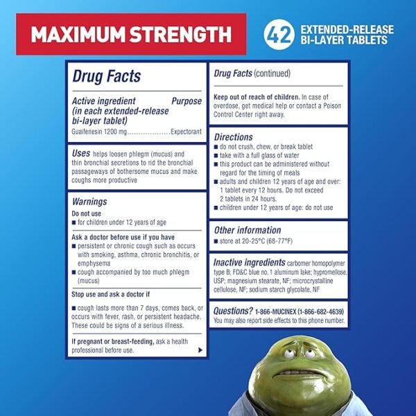 Mucinex 12 Hour 1200mg Maximum Strength Guaifenesin Chest Congestion & Mucus Relief, Guaifenesin Expectorant Aids Mucus Removal, Chest Decongestant for Adults, Dr Recommended, 42ct Tablets - Image 3
